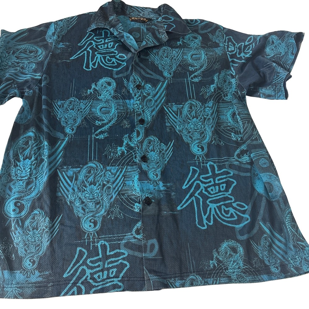 Vintage Taboo Shirt Mens L Dragon Japanese Yin Yang Graphic AOP Y2K Blue button